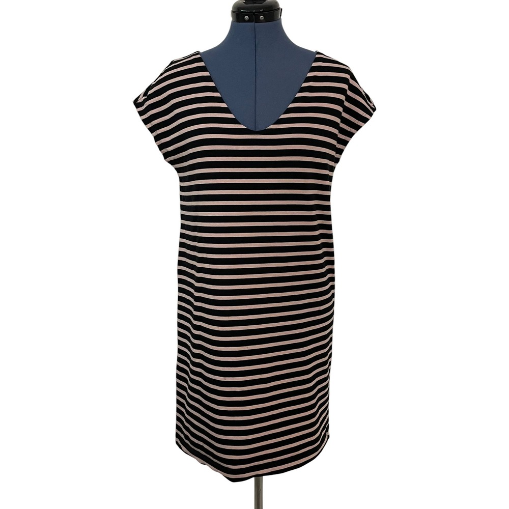 Tory Burch Black Tan Striped Cotton Mini T Shirt Dress Preppy Travel Career M